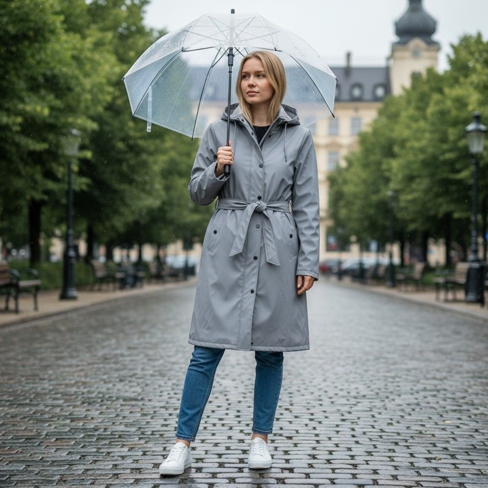 RAINS Curve Jacket Light Grey Hooded Belted Raincoat Womens Large Utility Modern